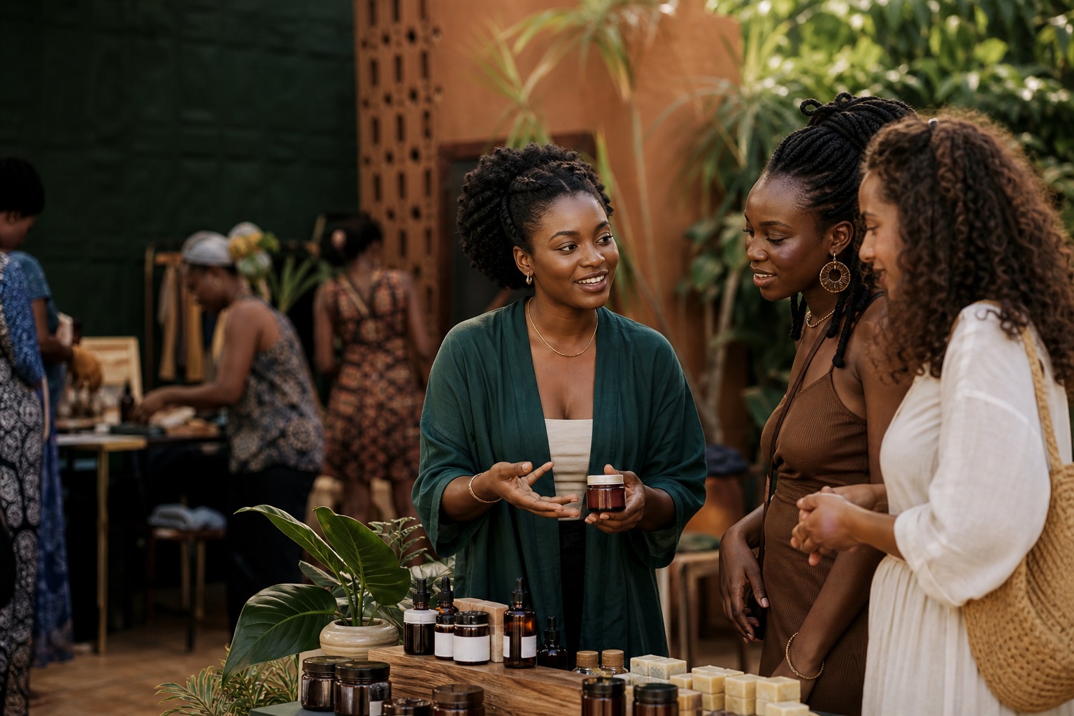 Ghanaian founder presenting her brand at a creative market in Accra