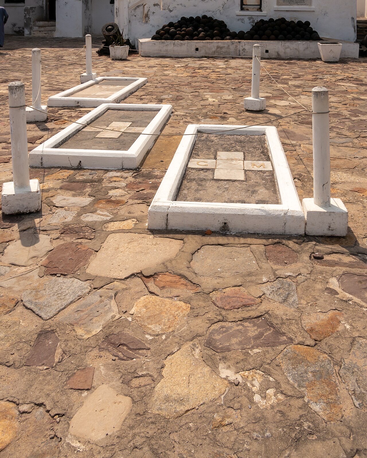 Historic stone walls of Cape Coast Castle facing the sea